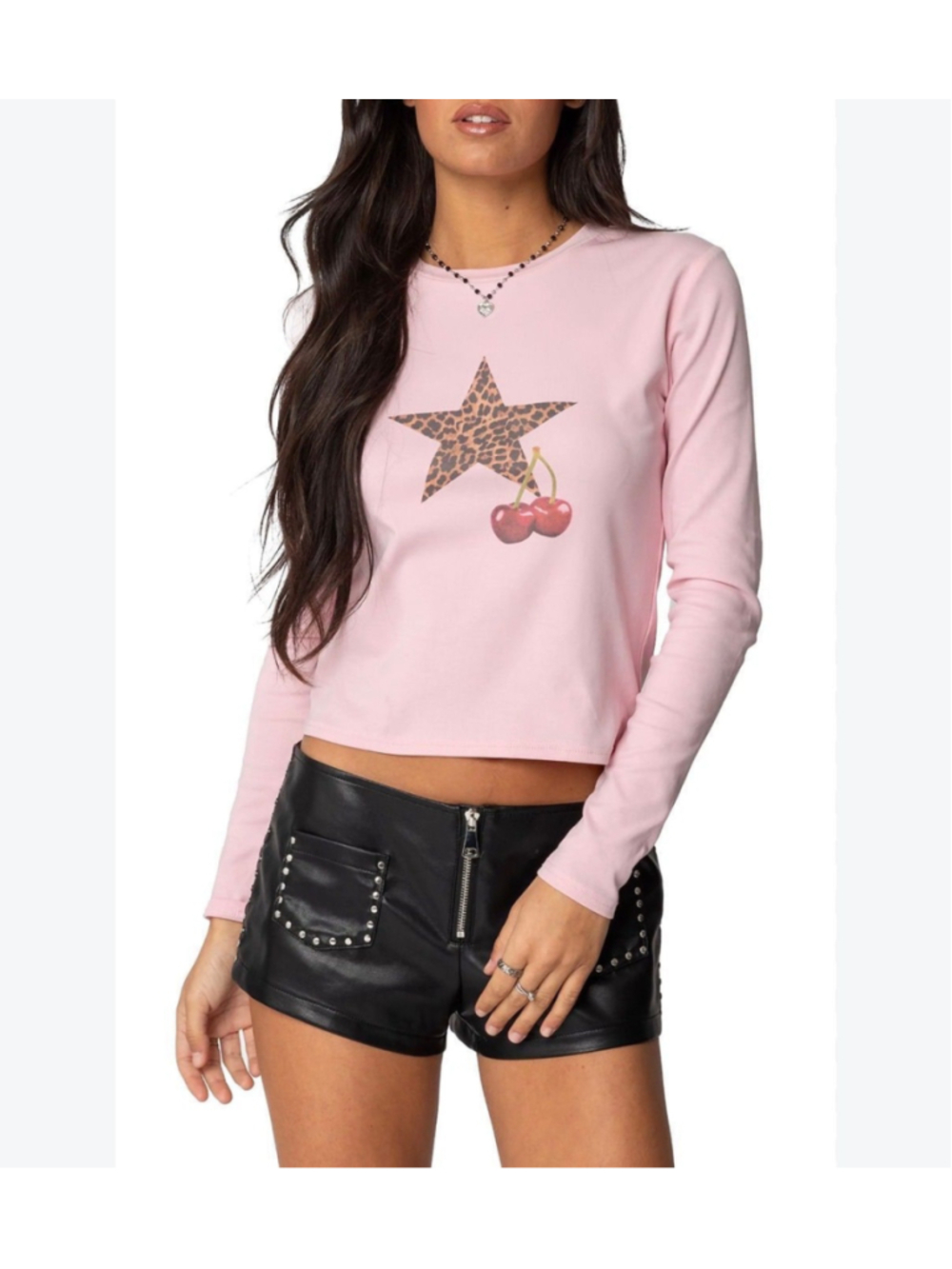 EDIKTED | Best for small| Cherry Leopard Star Long Sleeve Top| EUC